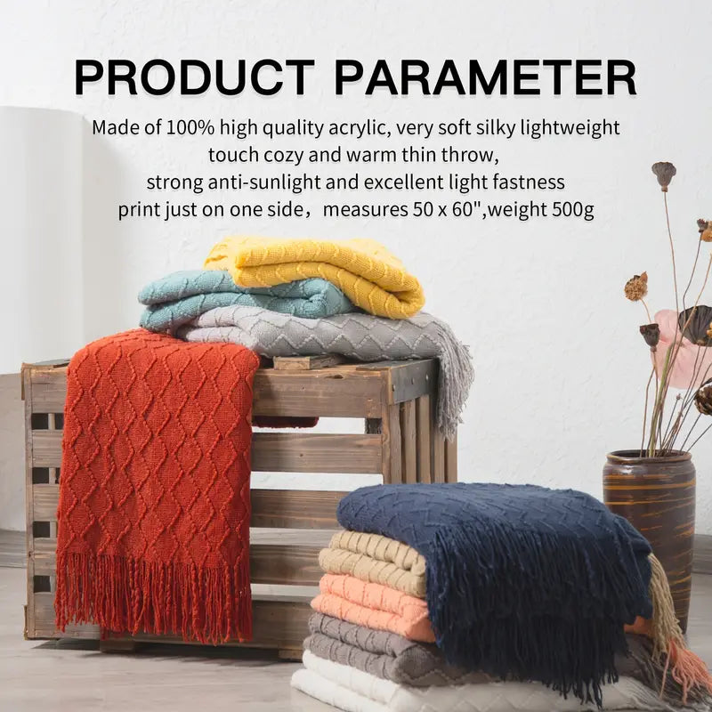 Knit Throw Blanket with Tassels for Couch