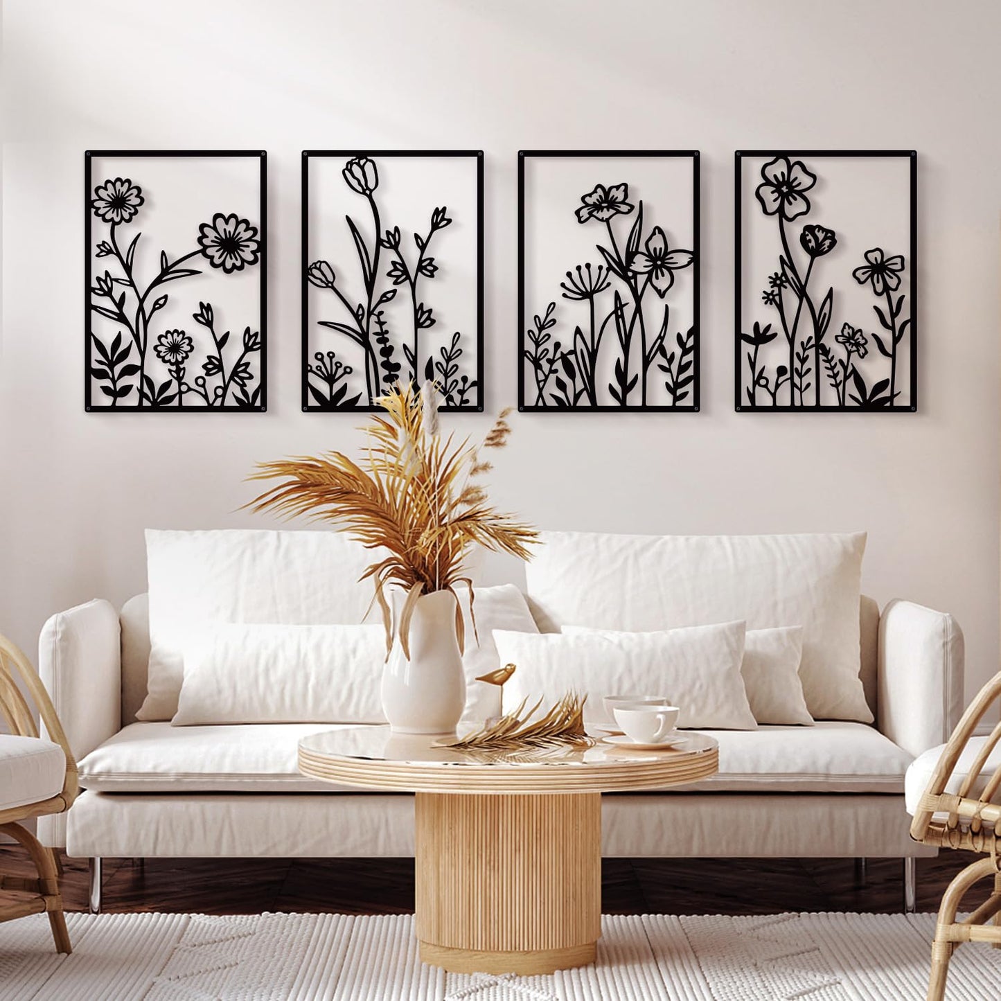 Black Metal Flowers Wall Decor Minimalist Floral Hanging Art 12x17